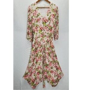 J Jill Dress Women Midi V- Neck 3/4 Sleeves Floral Elastic Waist Tie dress large